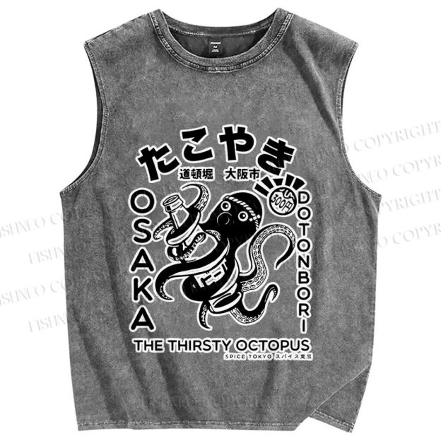 Unisex Osaka Thirsty Octopus Printed Washed Tank Top