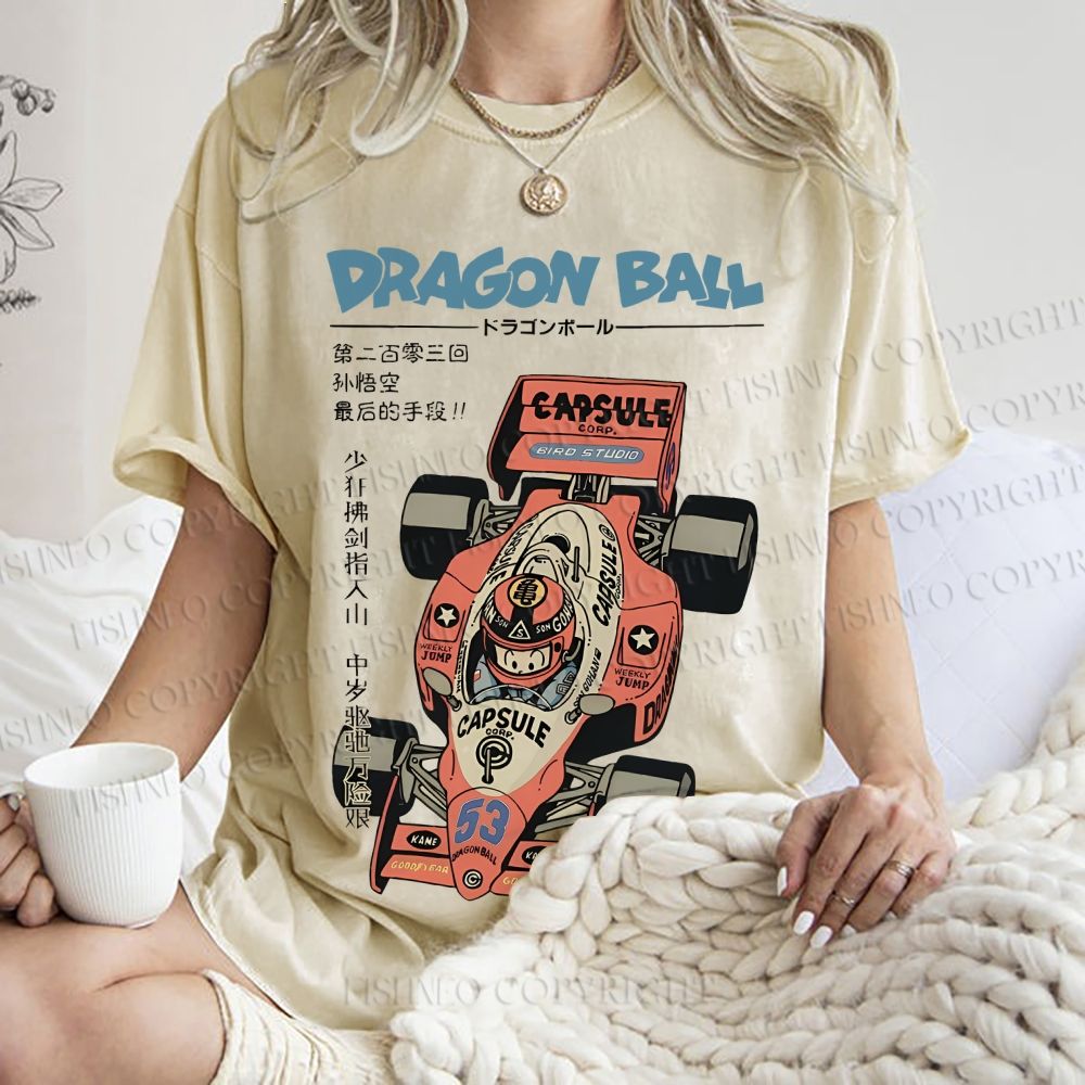 Unisex Japanese Dragon Ball Race Car Printed Washed Tee