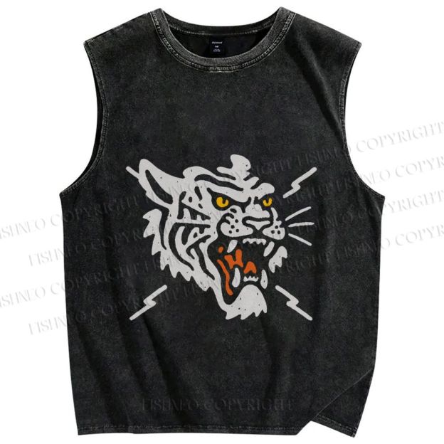 Unisex Vintage Tiger Graffiti Printed Washed Tank Top