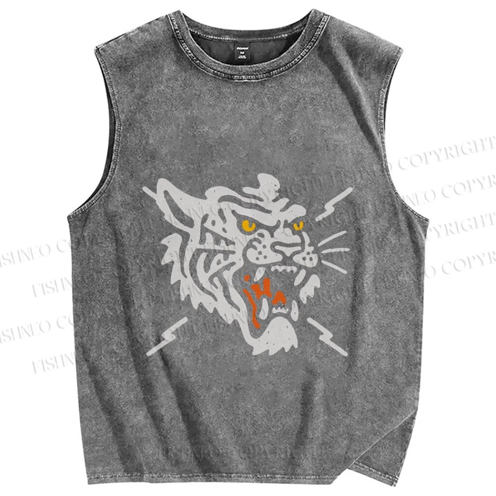 Unisex Vintage Tiger Graffiti Printed Washed Tank Top