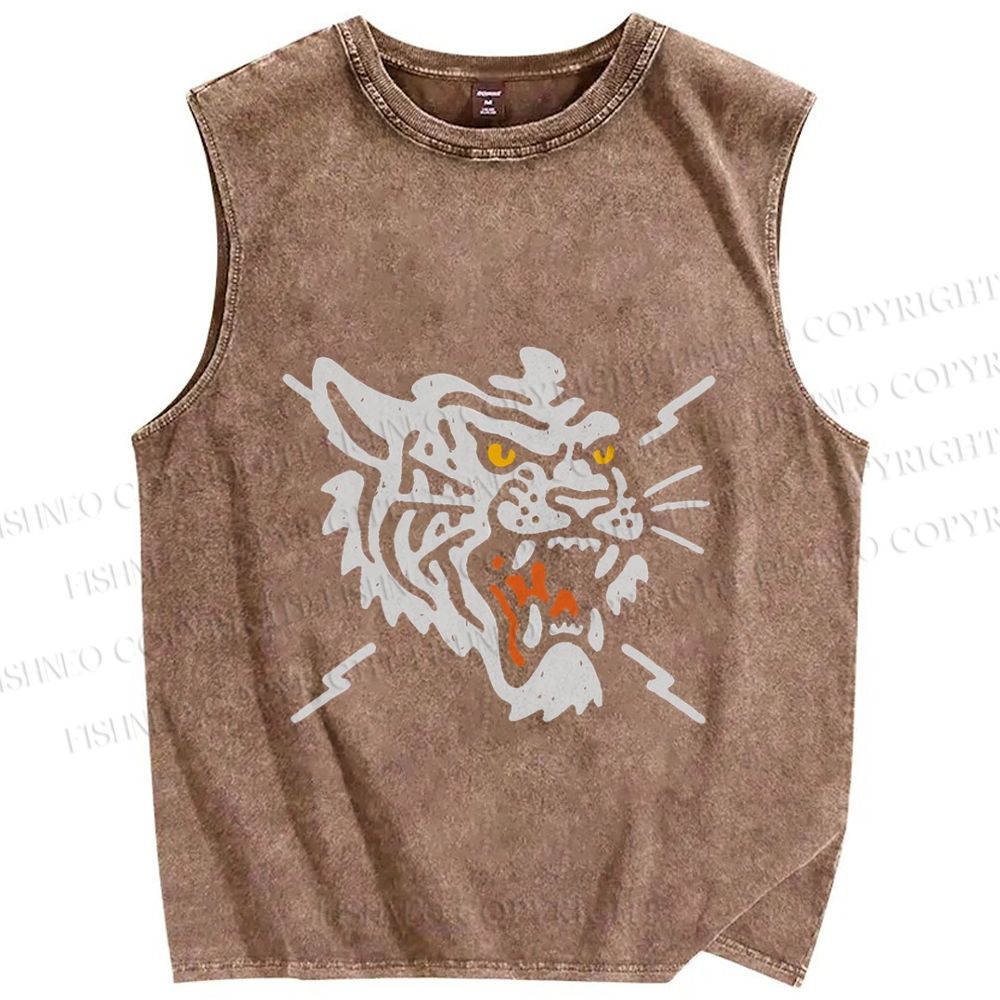 Unisex Vintage Tiger Graffiti Printed Washed Tank Top