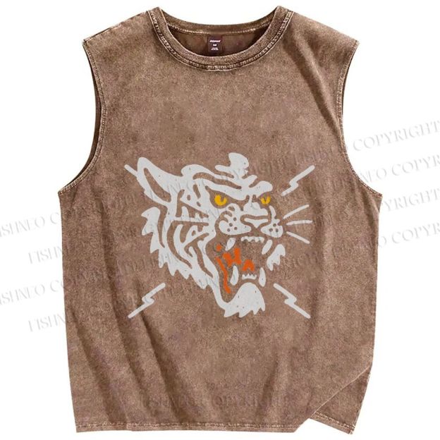 Unisex Vintage Tiger Graffiti Printed Washed Tank Top