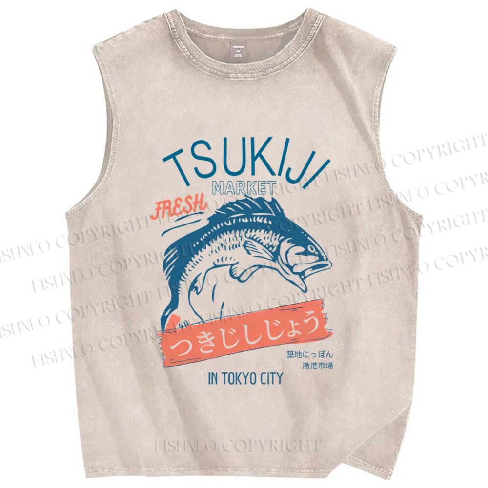 Unisex Tsukiji Fish Market Japanese Style Printed Washed Tank Top