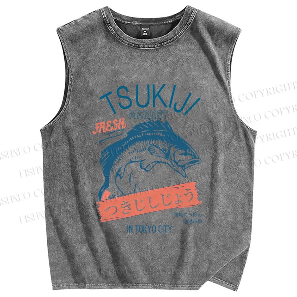 Unisex Tsukiji Fish Market Japanese Style Printed Washed Tank Top