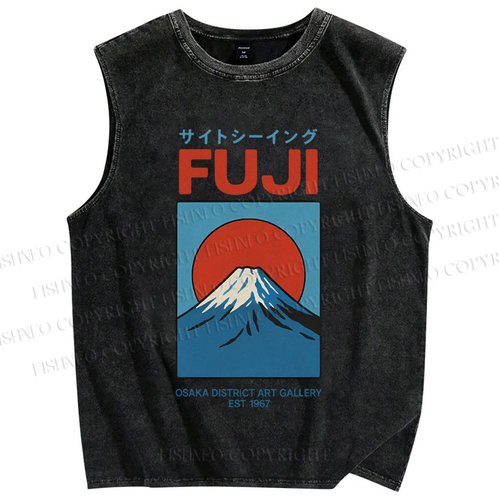 Unisex Japanese Osaka Mount Fuji Printed Washed Tank Top