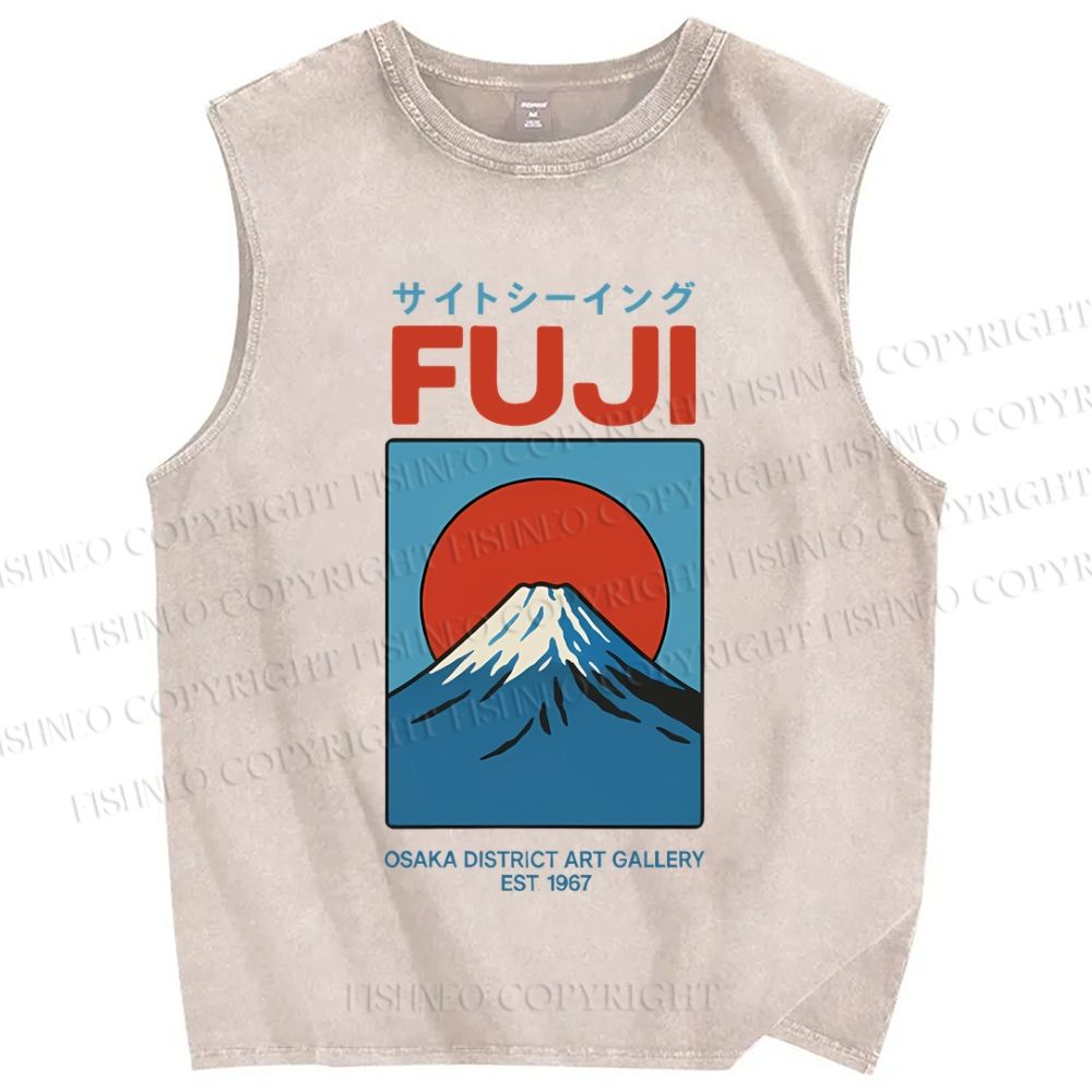Unisex Japanese Osaka Mount Fuji Printed Washed Tank Top