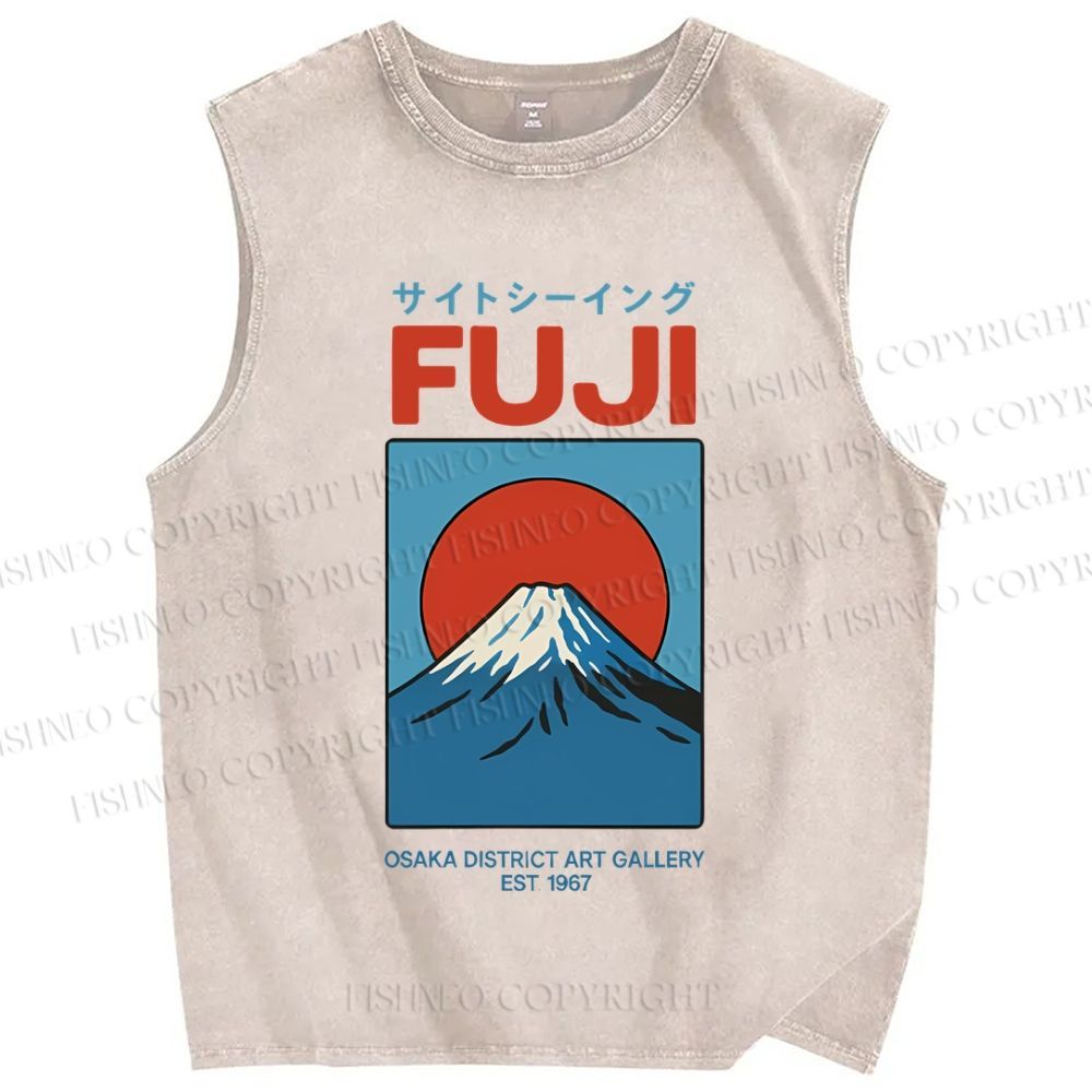 Unisex Japanese Osaka Mount Fuji Printed Washed Tank Top