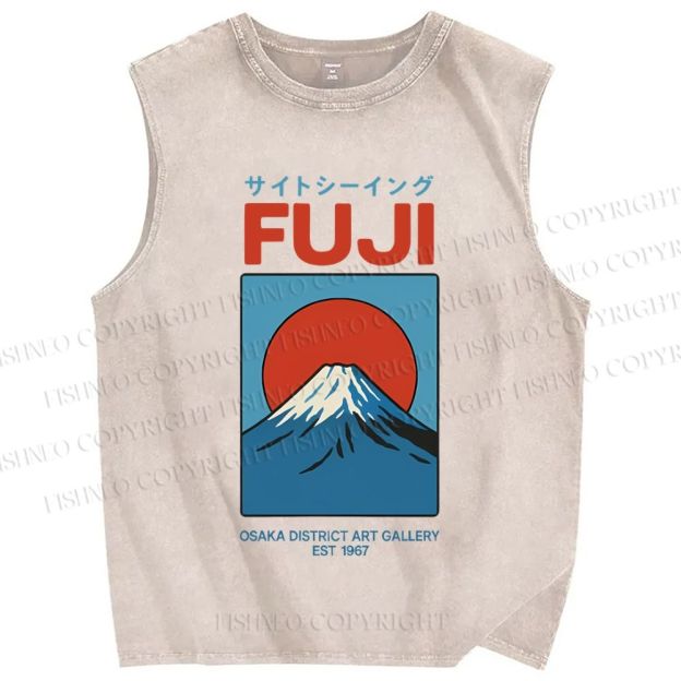 Unisex Japanese Osaka Mount Fuji Printed Washed Tank Top