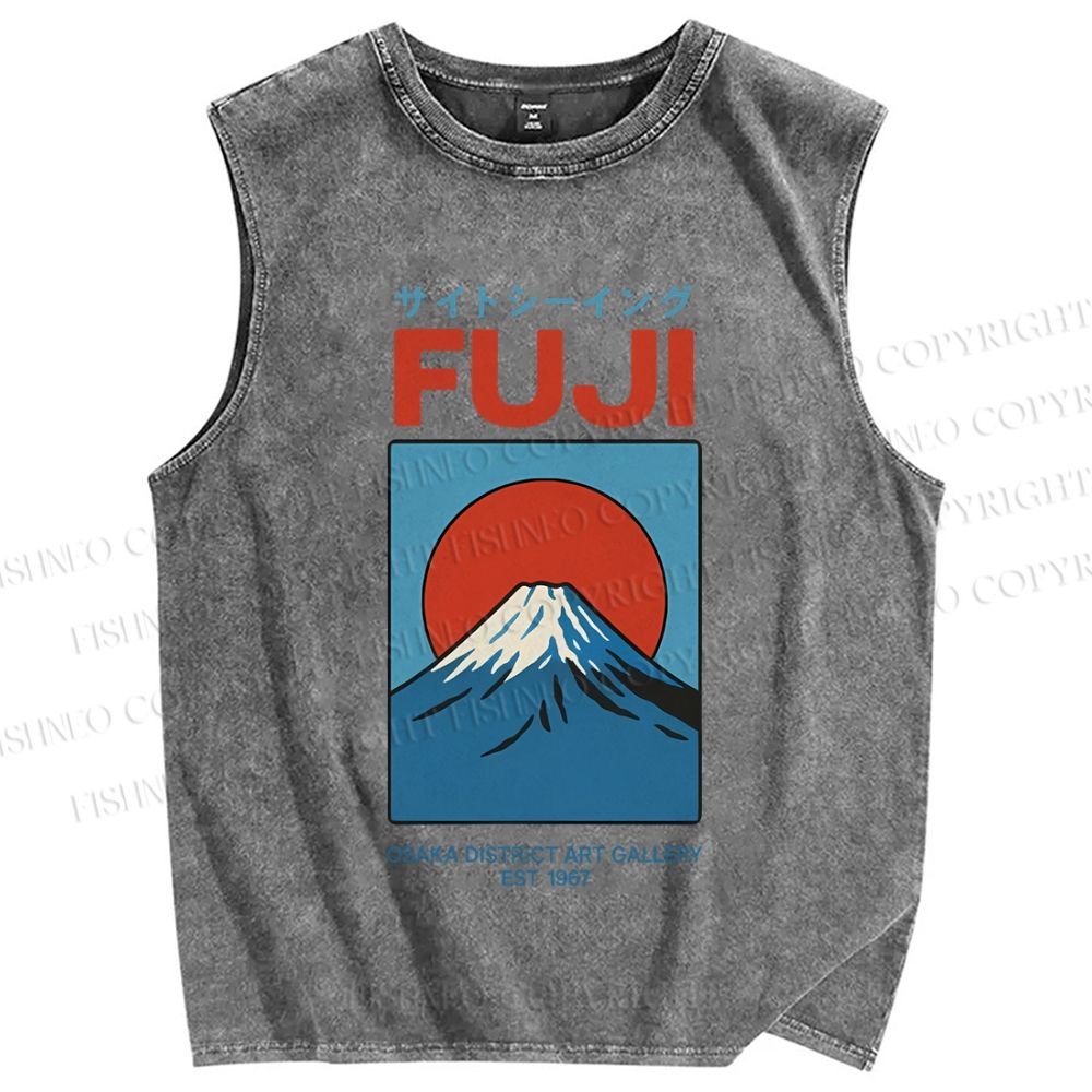 Unisex Japanese Osaka Mount Fuji Printed Washed Tank Top