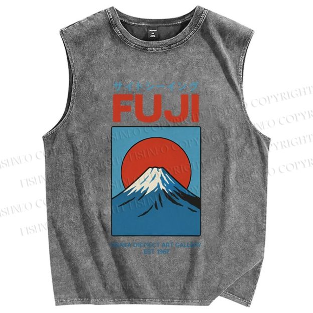 Unisex Japanese Osaka Mount Fuji Printed Washed Tank Top
