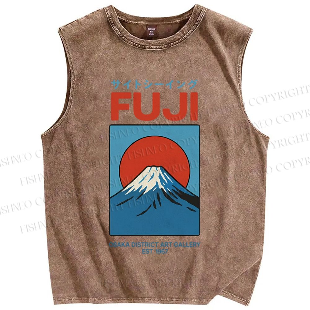 Unisex Japanese Osaka Mount Fuji Printed Washed Tank Top