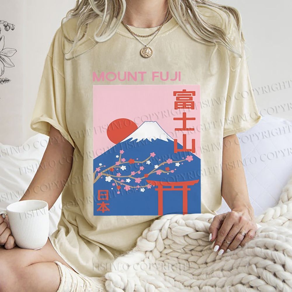 Unisex Japanese Mount Fuji Printed Washed Tee
