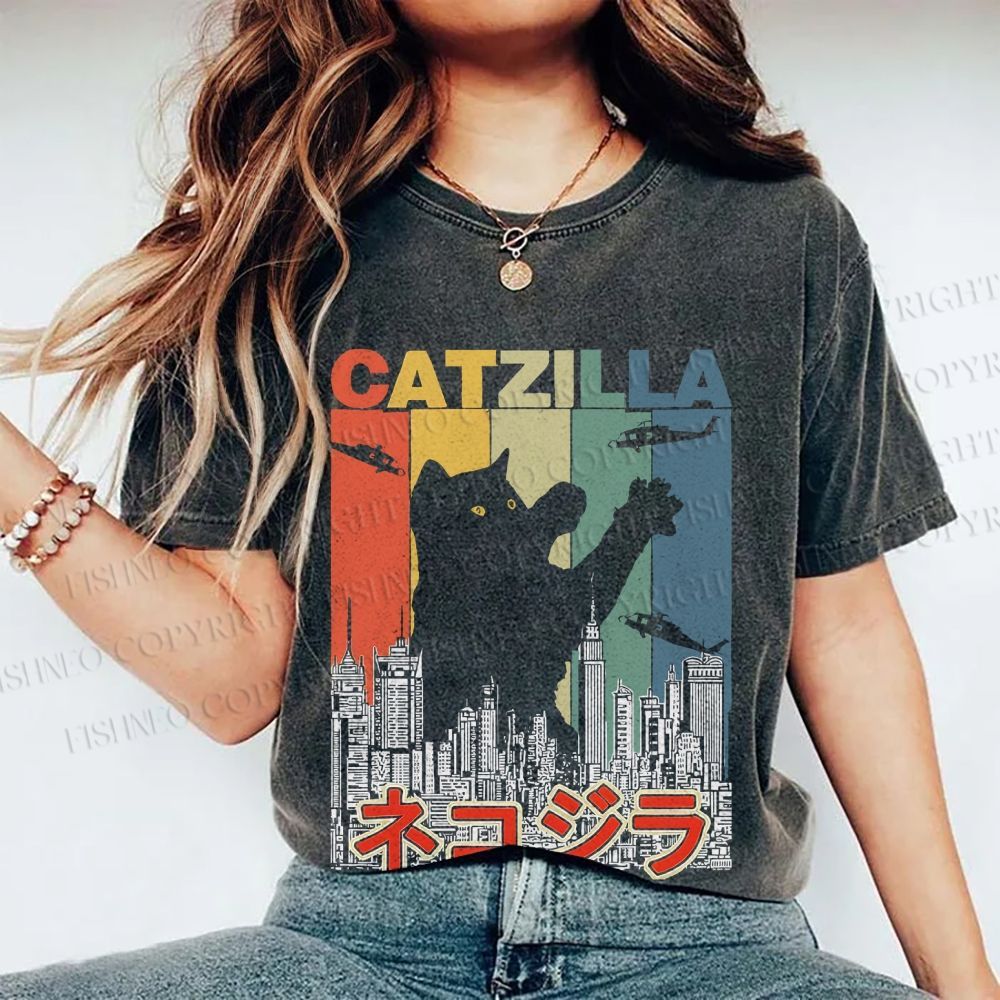 Unisex Vintage Cat Godzilla Catzilla Printed Washed Tee