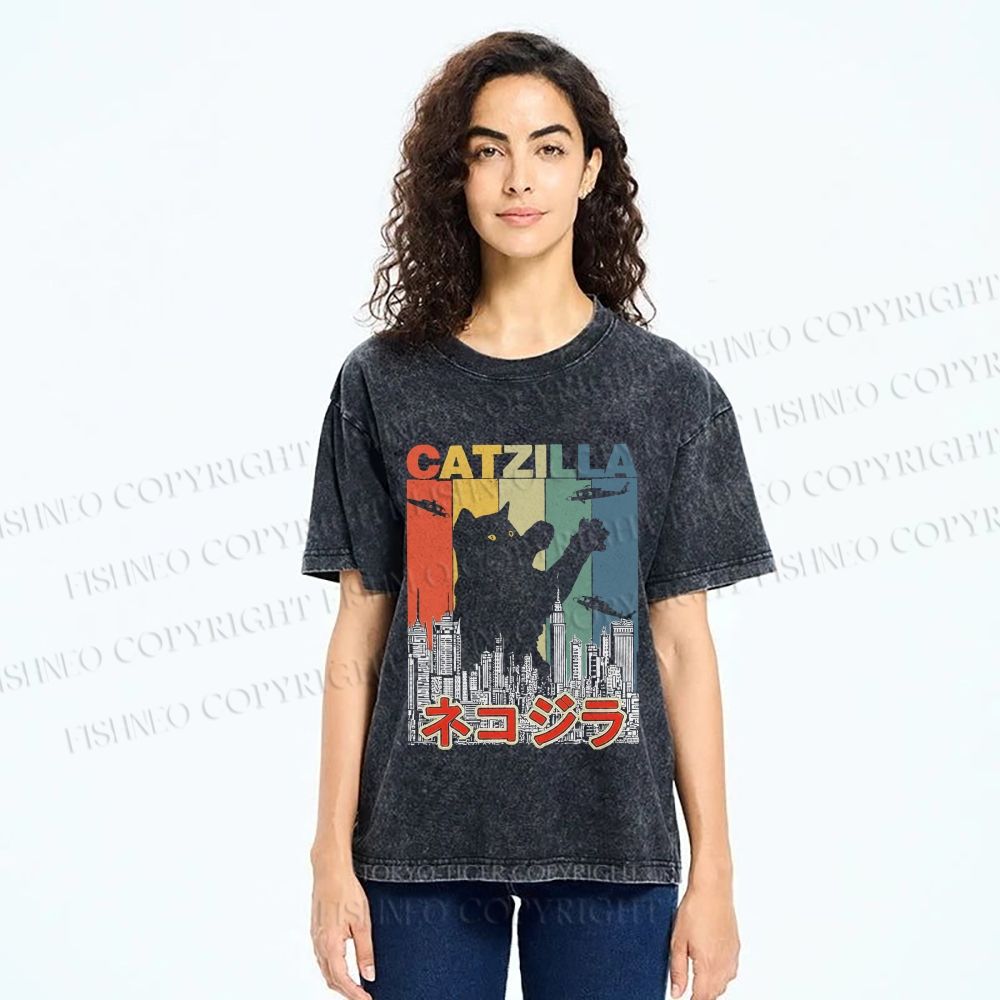 Unisex Vintage Cat Godzilla Catzilla Printed Washed Tee