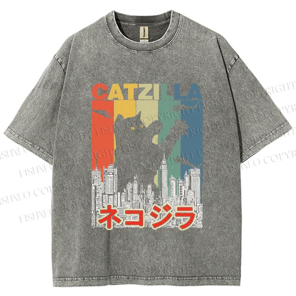 Unisex Vintage Cat Godzilla Catzilla Printed Washed Tee