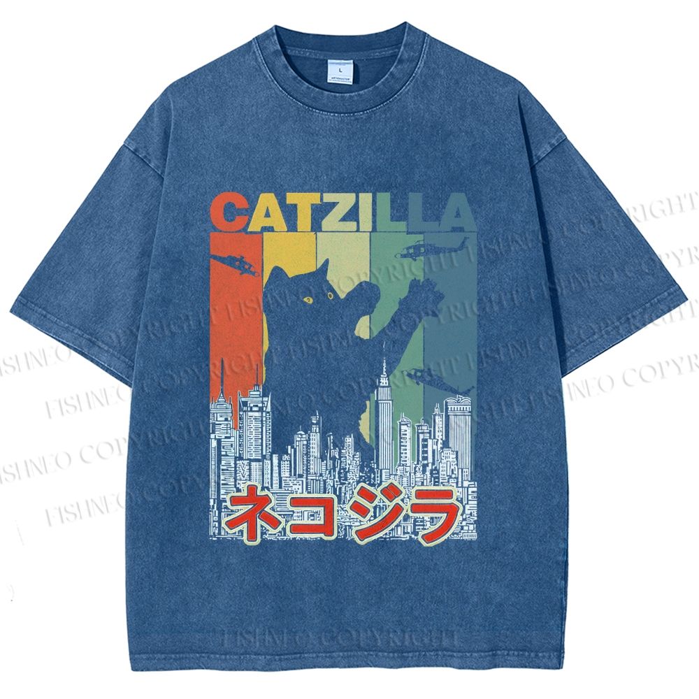 Unisex Vintage Cat Godzilla Catzilla Printed Washed Tee