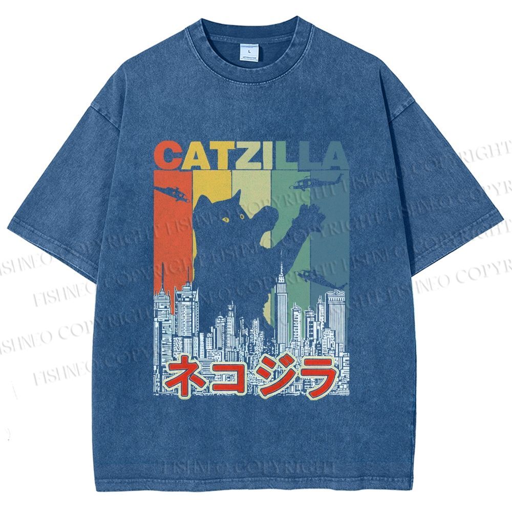 Unisex Vintage Cat Godzilla Catzilla Printed Washed Tee