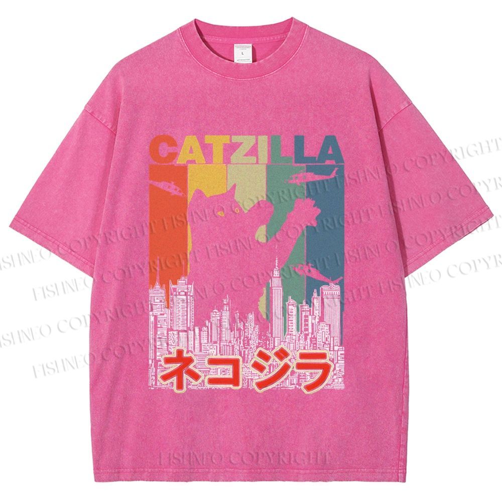 Unisex Vintage Cat Godzilla Catzilla Printed Washed Tee