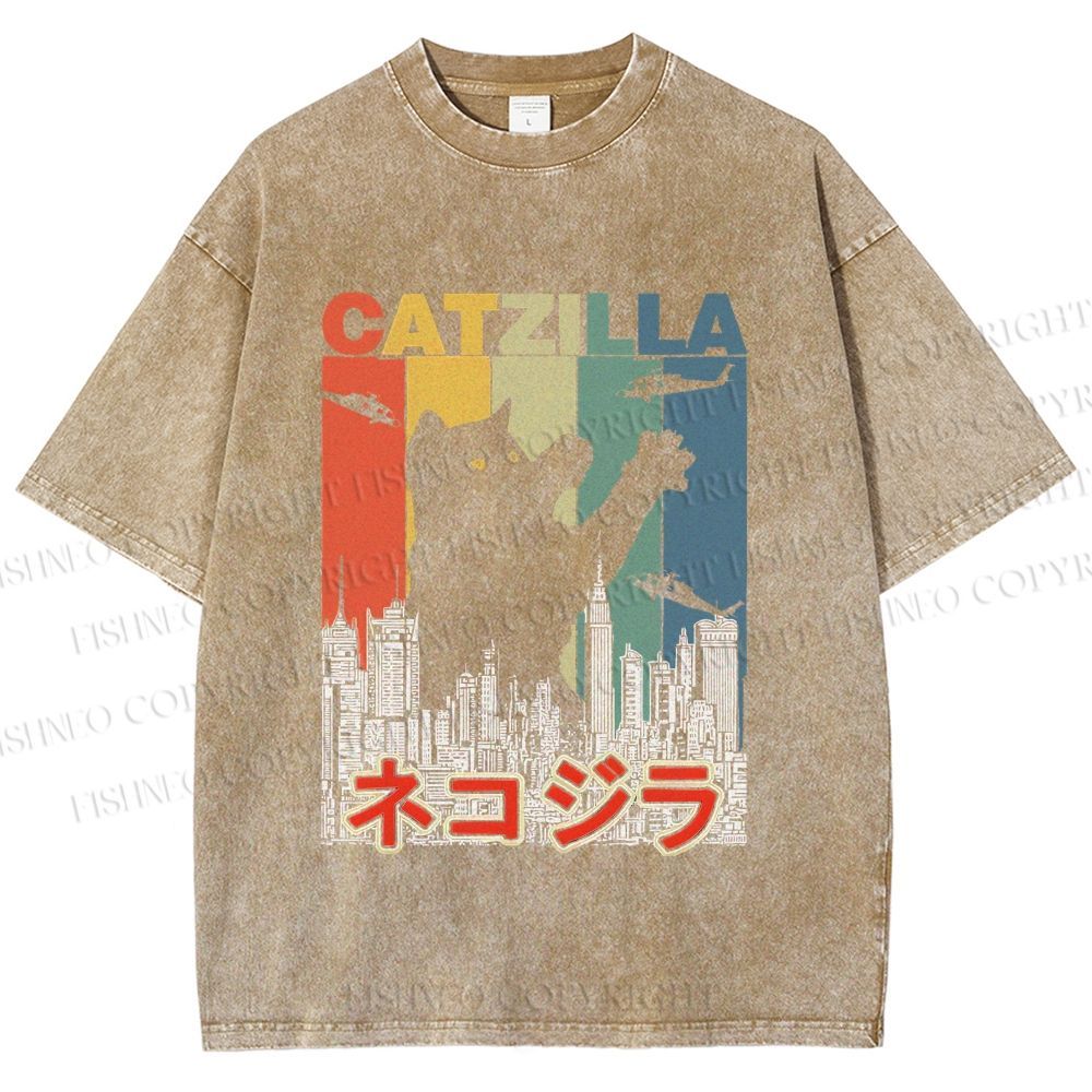 Unisex Vintage Cat Godzilla Catzilla Printed Washed Tee
