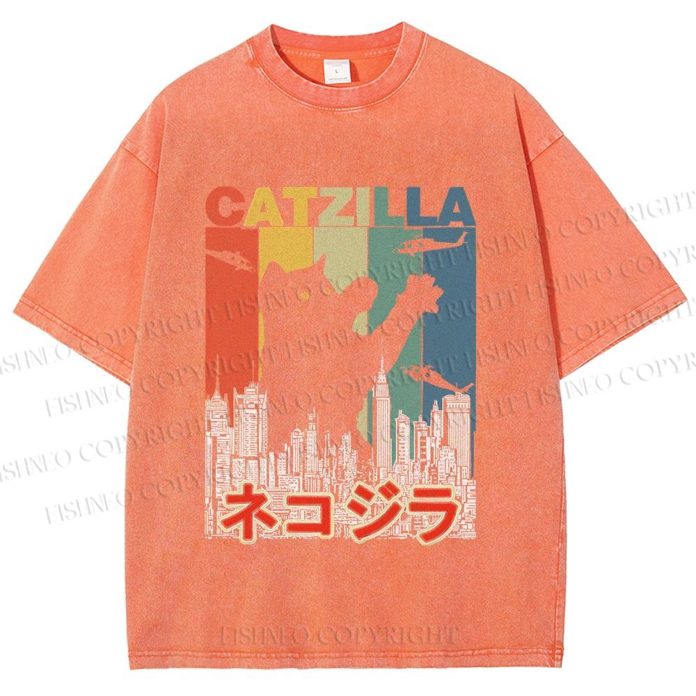 Unisex Vintage Cat Godzilla Catzilla Printed Washed Tee