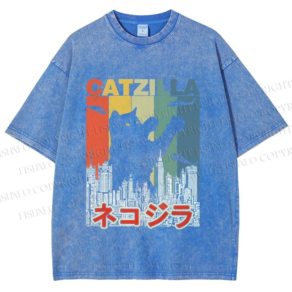 Unisex Vintage Cat Godzilla Catzilla Printed Washed Tee