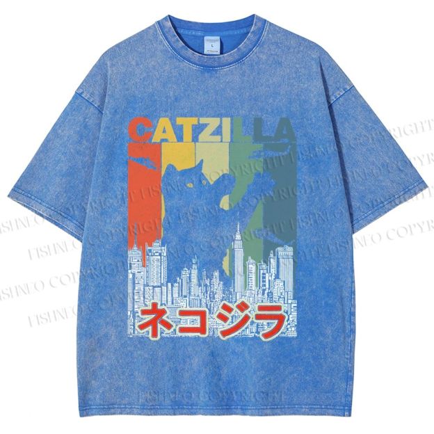 Unisex Vintage Cat Godzilla Catzilla Printed Washed Tee