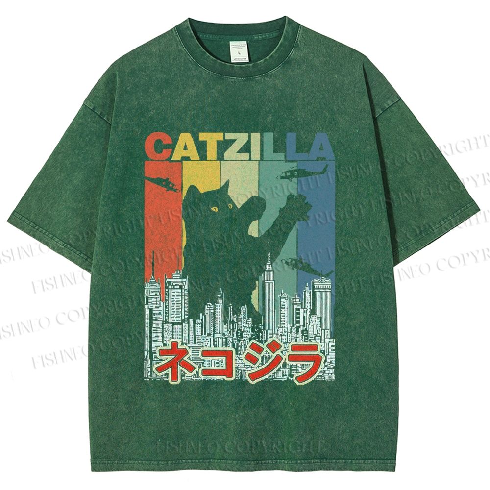 Unisex Vintage Cat Godzilla Catzilla Printed Washed Tee