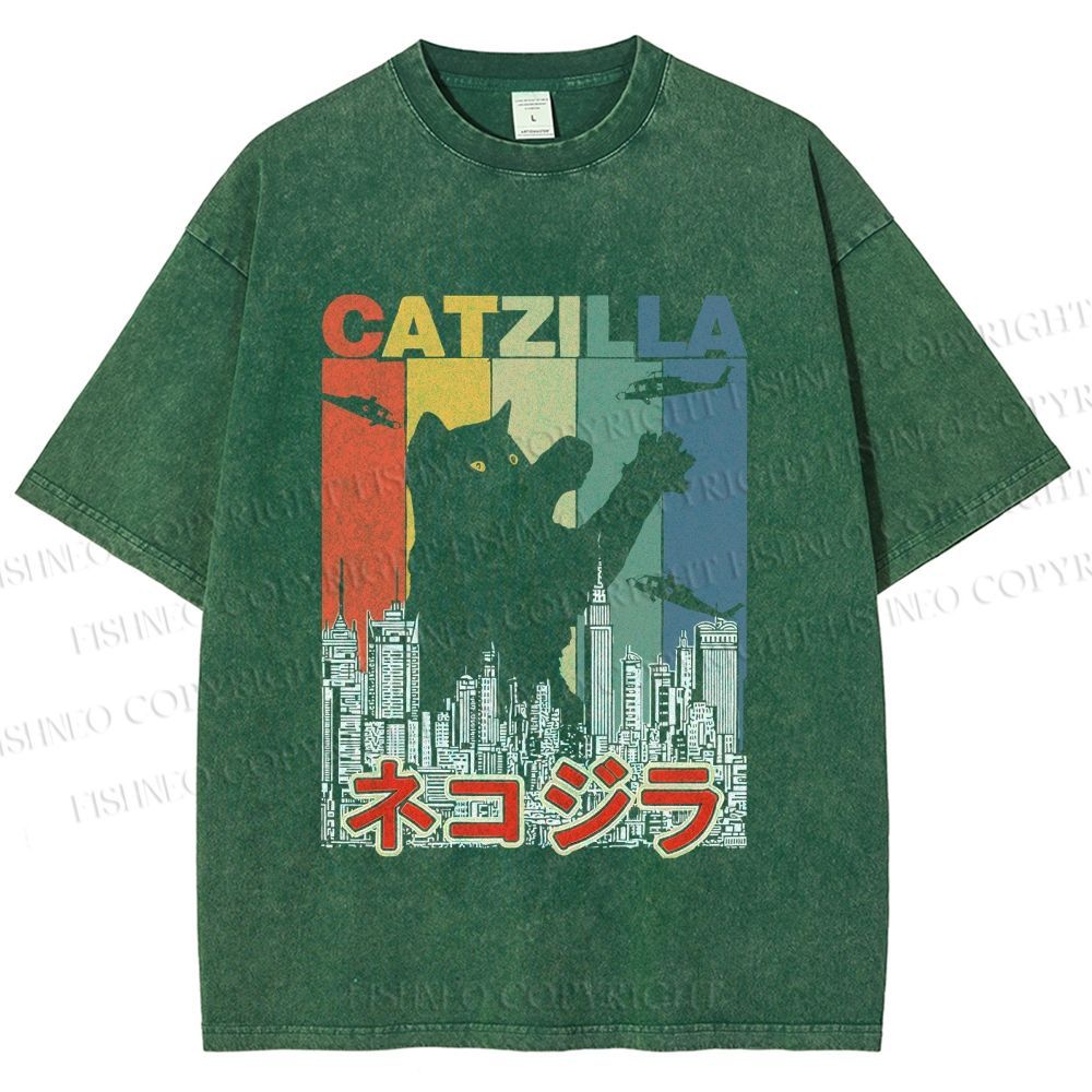 Unisex Vintage Cat Godzilla Catzilla Printed Washed Tee