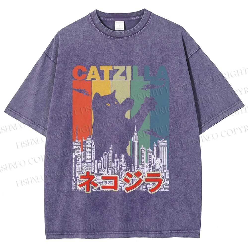 Unisex Vintage Cat Godzilla Catzilla Printed Washed Tee