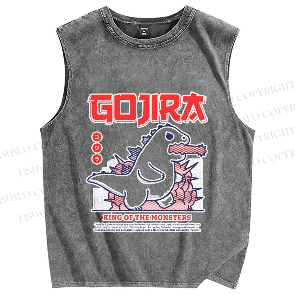 Unisex Rampaging Godzilla Printed Washed Tank Top