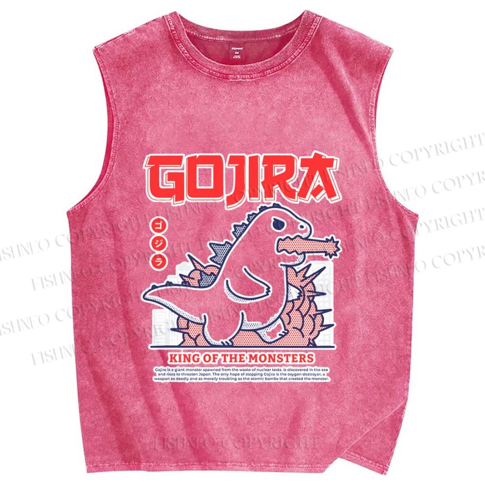 Unisex Rampaging Godzilla Printed Washed Tank Top