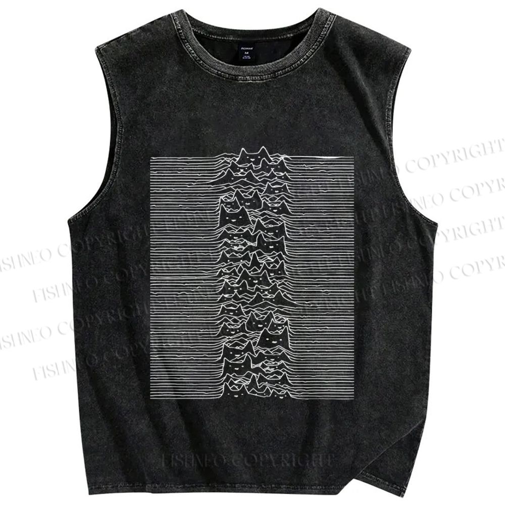 Unisex Japanese Wave Style Cat Printed Washed Tank Top