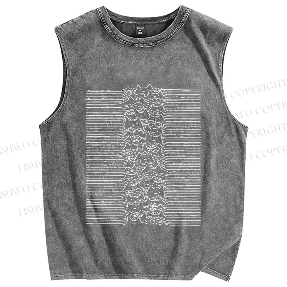 Unisex Japanese Wave Style Cat Printed Washed Tank Top