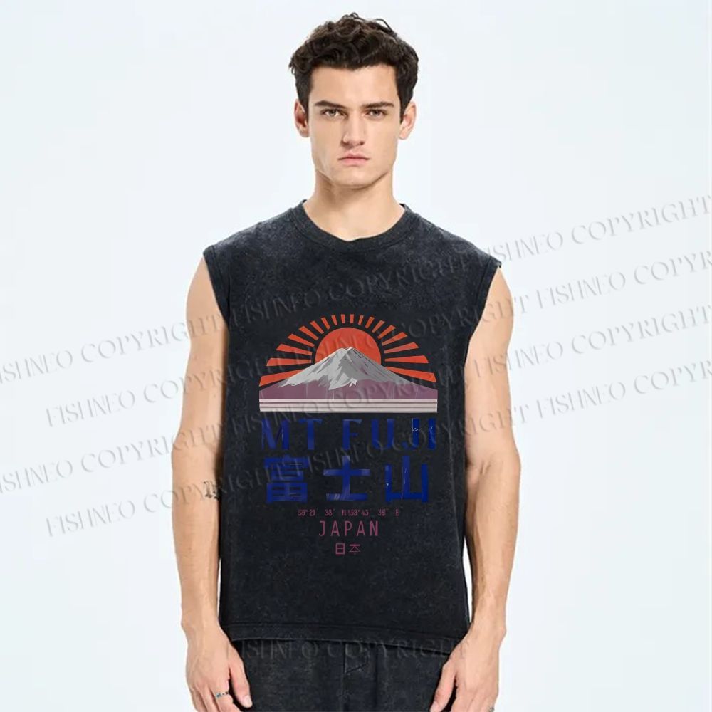 Unisex Japanese Mount Fuji Graffiti Printed Washed Tank Top