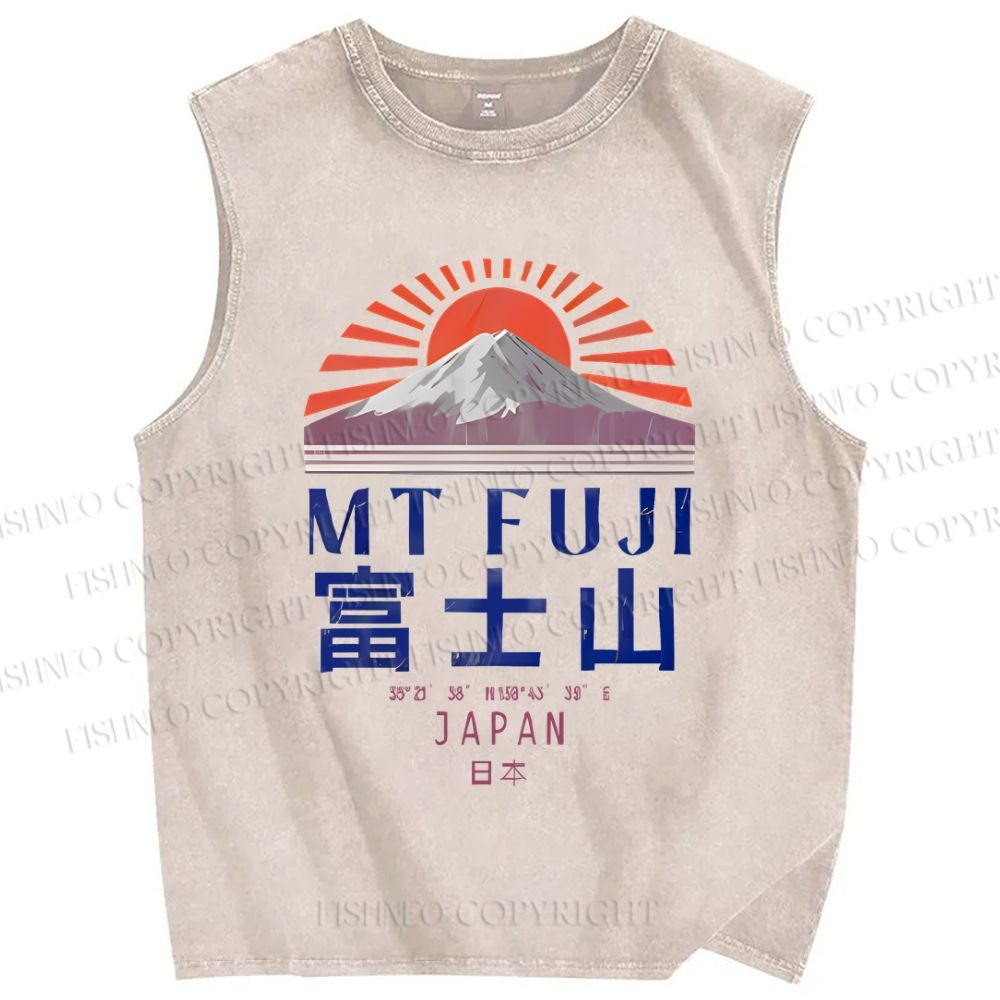 Unisex Japanese Mount Fuji Graffiti Printed Washed Tank Top
