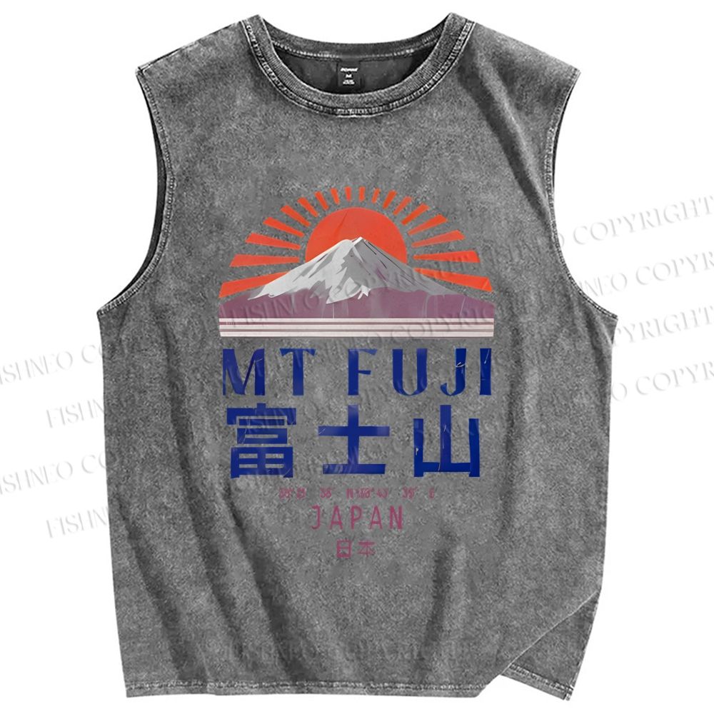 Unisex Japanese Mount Fuji Graffiti Printed Washed Tank Top