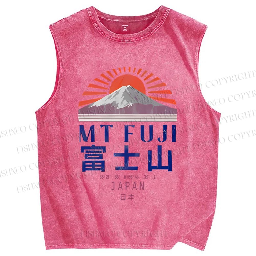 Unisex Japanese Mount Fuji Graffiti Printed Washed Tank Top