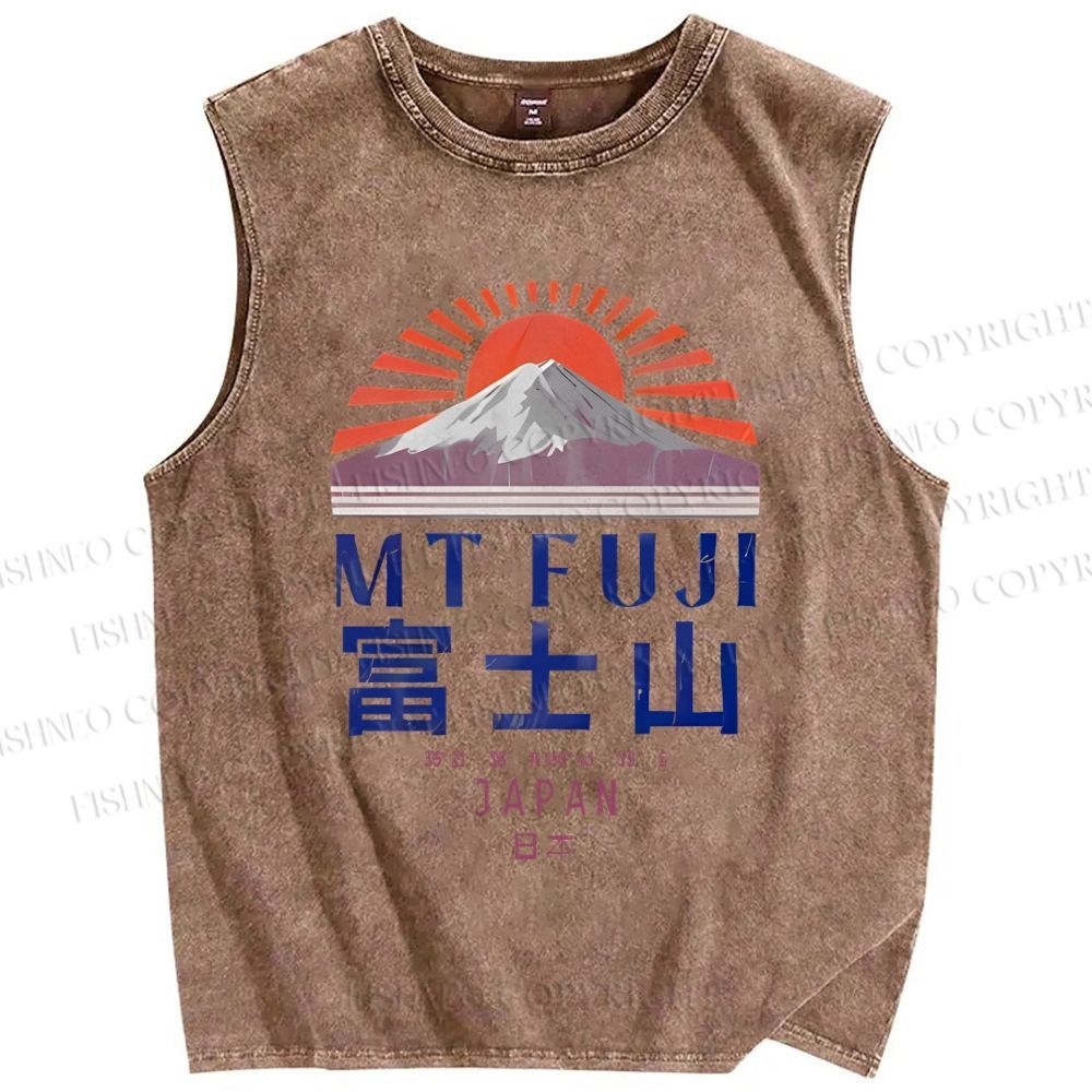 Unisex Japanese Mount Fuji Graffiti Printed Washed Tank Top