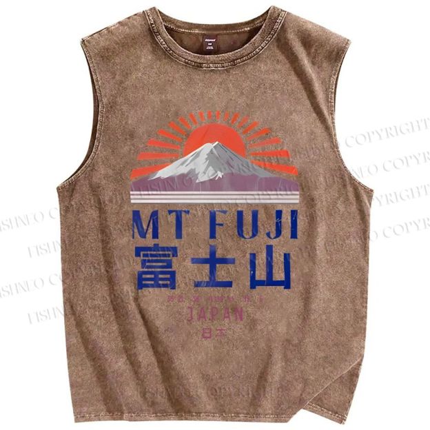 Unisex Japanese Mount Fuji Graffiti Printed Washed Tank Top
