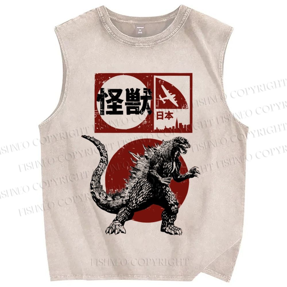 Unisex Vintage Japanese Godzilla Printed Washed Tank Top