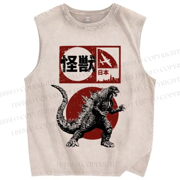 Unisex Vintage Japanese Godzilla Printed Washed Tank Top