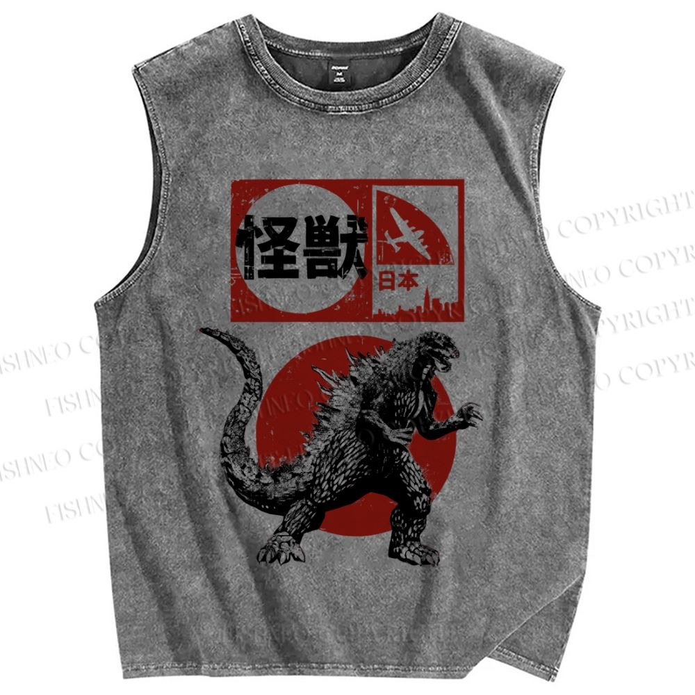 Unisex Vintage Japanese Godzilla Printed Washed Tank Top