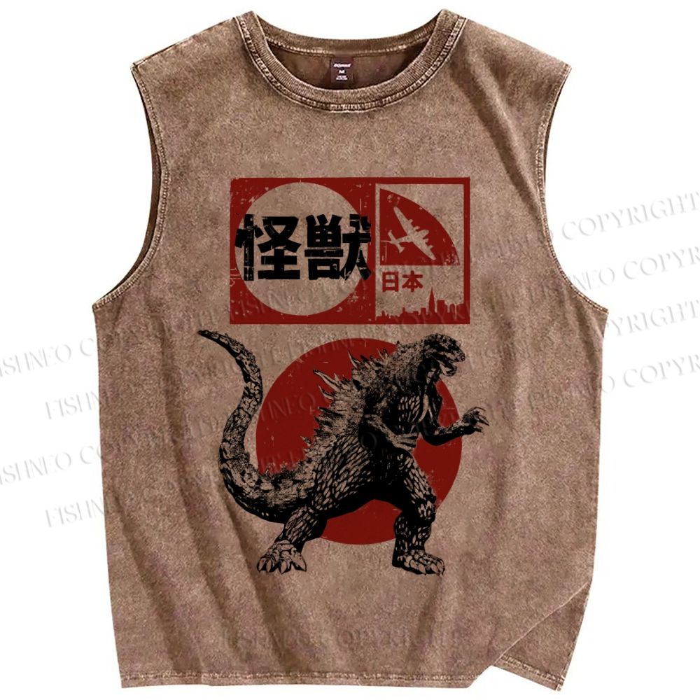 Unisex Vintage Japanese Godzilla Printed Washed Tank Top