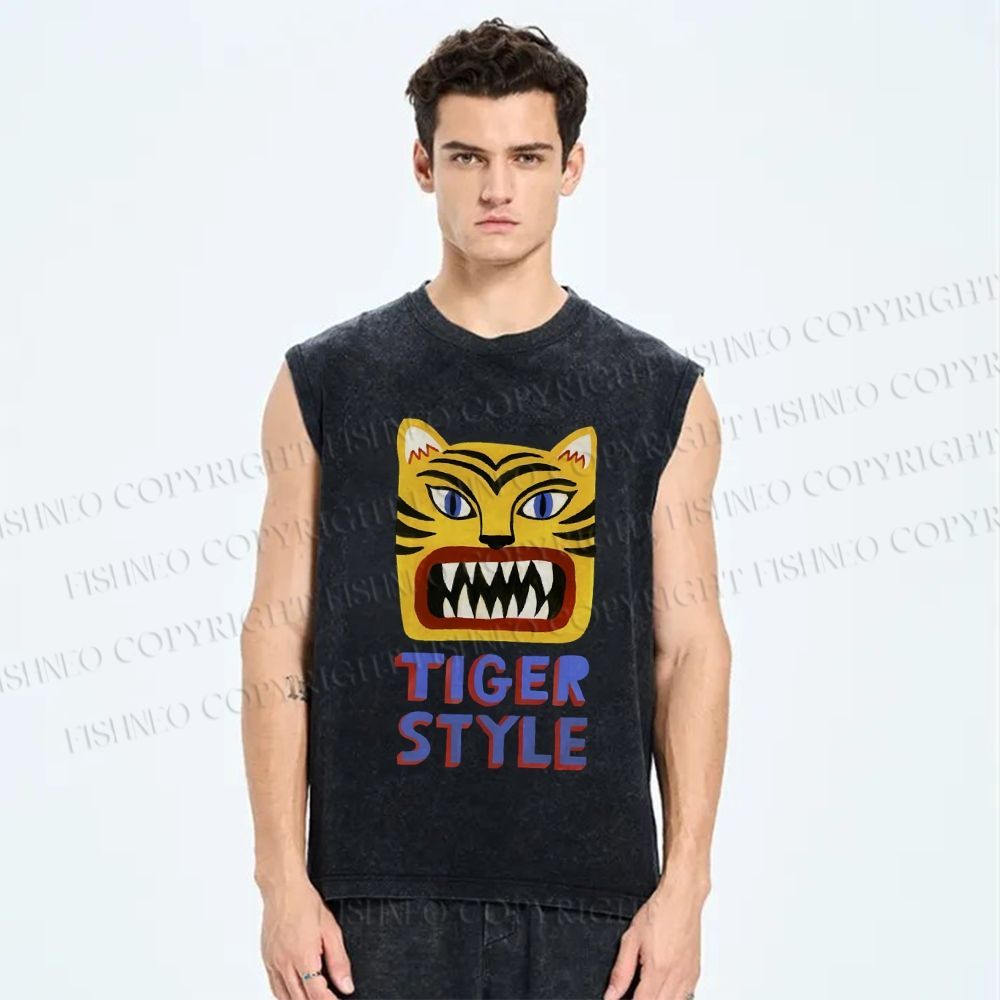 Unisex Tiger Style Printed Washed Tank Top