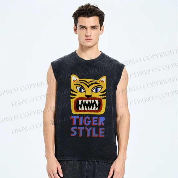 Unisex Tiger Style Printed Washed Tank Top