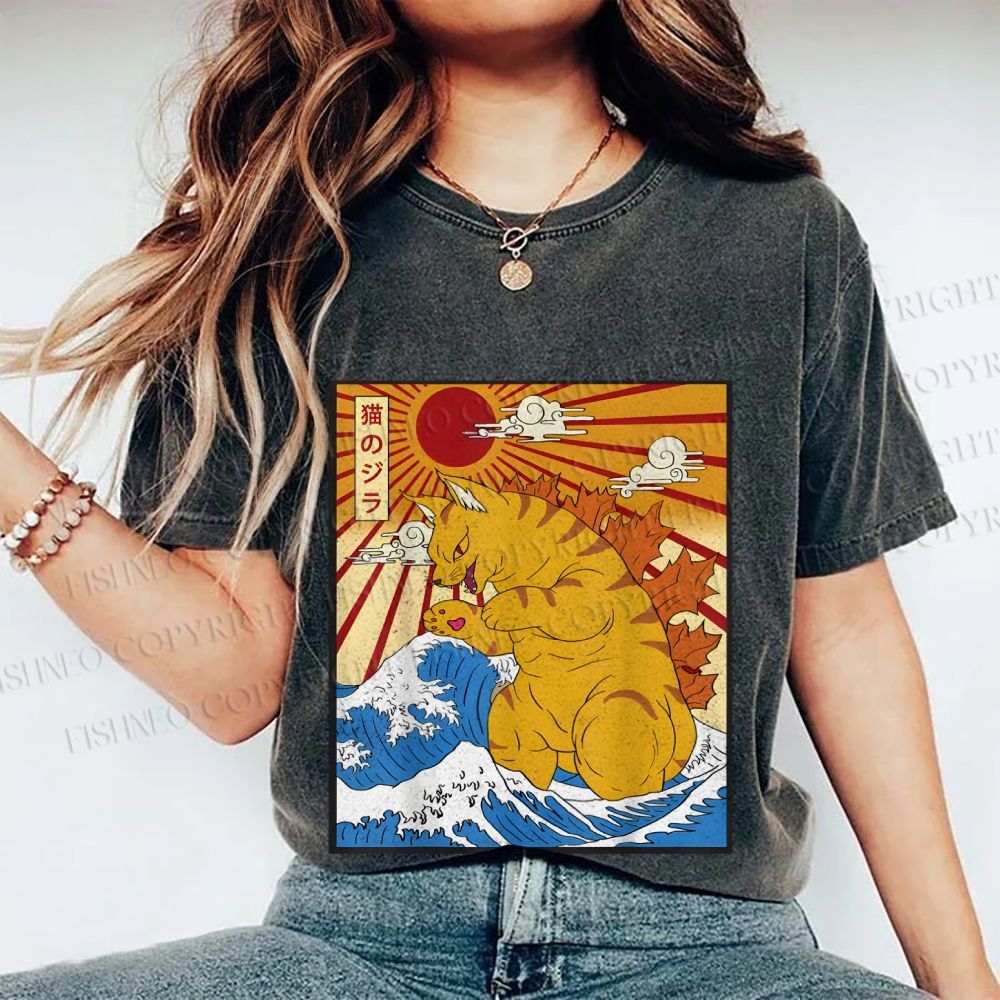 Unisex Japanese Cat Godzilla Catzilla Printed Washed Tee