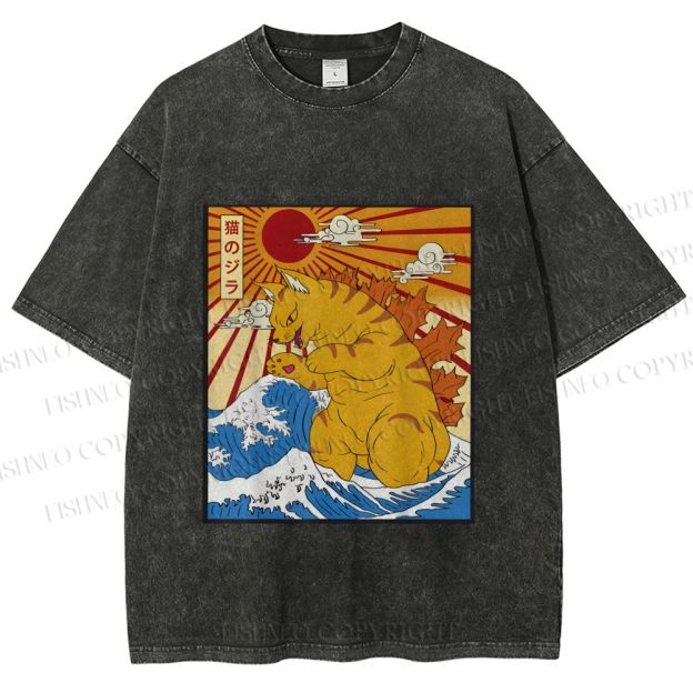 Unisex Japanese Cat Godzilla Catzilla Printed Washed Tee