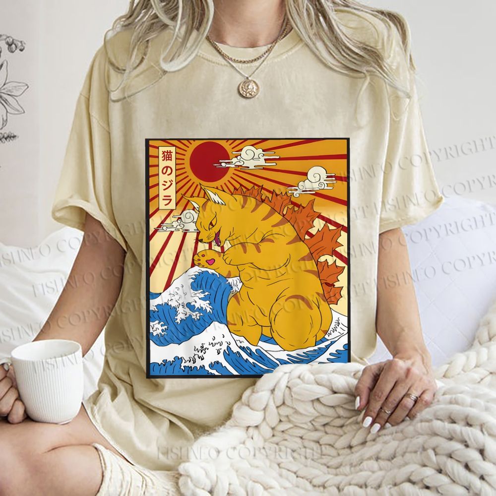 Unisex Japanese Cat Godzilla Catzilla Printed Washed Tee