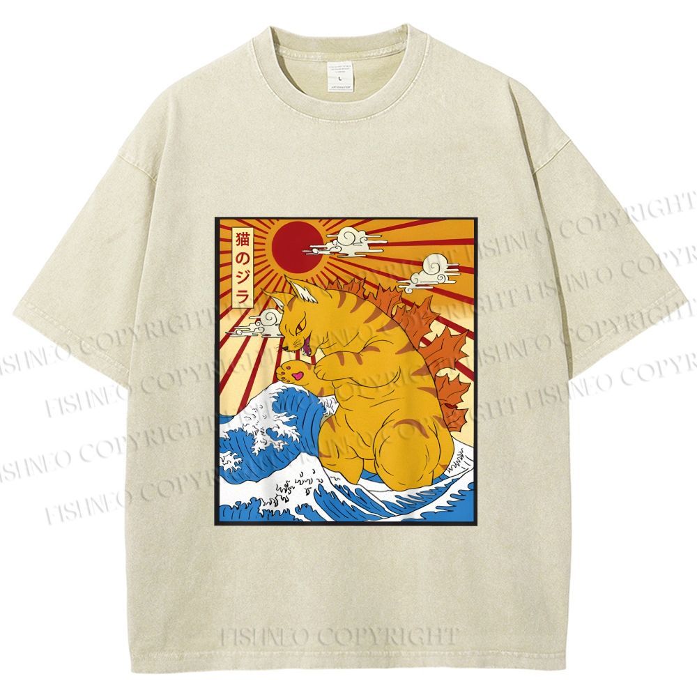 Unisex Japanese Cat Godzilla Catzilla Printed Washed Tee