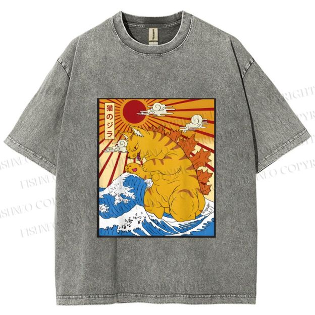 Unisex Japanese Cat Godzilla Catzilla Printed Washed Tee